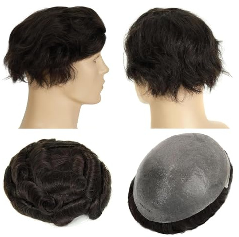 Topunique Mens 0.06mm Thin Skin Base Toupee, #1B Natural Black 8x10 Inch Size Knotless V-Looped Invisible Hairline Remy Human Hair System for Men