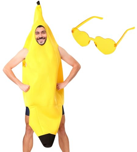 XRVRILE Disfraz de plátano para adultos unisex, divertido disfraz de plátano con gafas amarillas para carnaval, Halloween y fiesta de cosplay, divertidos disfraces para hombres y mujeres 150-175 cm