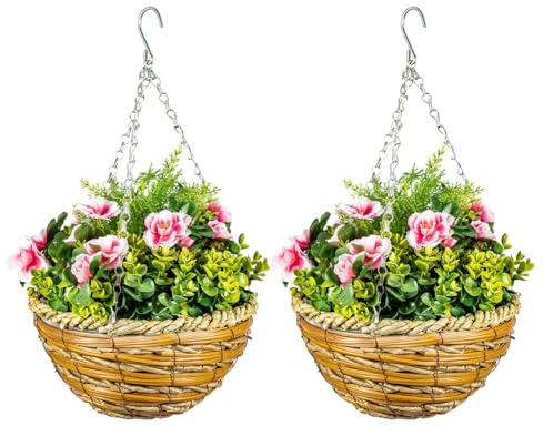 JF HOME BLISS Set of 2 Artificial Lavender Flowers Hanging Plants With Basket Faux Silk Flowers For Outdoor & Indoor Decor For Patio Balcony Porch Decoration Decorative Baskets (Pink)