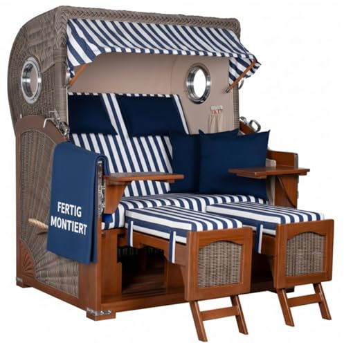 MR. DEKO Strandkorb XXL Düne Grande 2,5-Sitzer-Strandkorb | Mahagoni Holz PE-Geflecht Grey | Bullauge-Design | Volllieger wetterfest |Dessin 518 (Blau Weiß Gestreift)