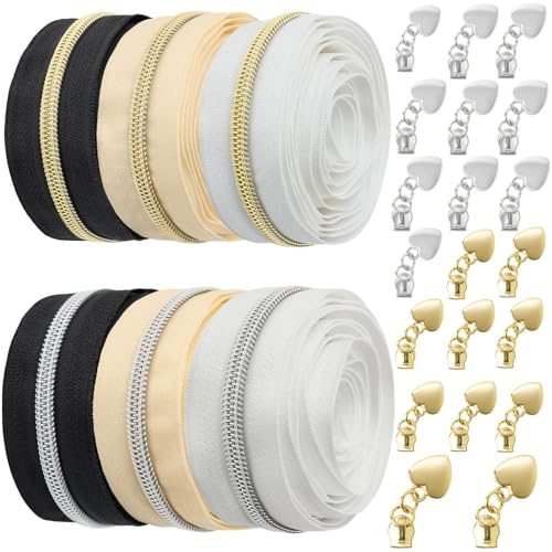 VOKABY 12m #5 Endlosreißverschluss mit Zipper,6 Farben Reißverschluss 6mm,2 m pro Farbe,mit 20 Metall-Reißverschlussanhängern (Silber und Gold)
