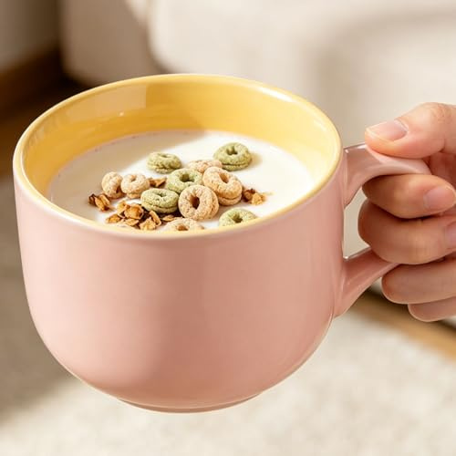 Busnos 600ml Rosa Keramik Teetasse Groß mit Löffel und Matte Xxl Kaffeetasse Groß Keramik Tasse 600ml Grosse Suppentassen mit Henkel Spülmaschinen und Mikrowellengeeignet Schöne Tassen