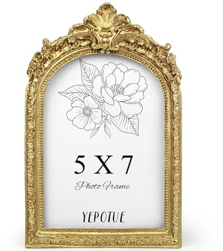 YEPOTUE Vintage Gold 5x7 Picture Frame, Antique Arched Photo Frame with Glass Front, Ornate Baroque Style Picture Frame for Wall or Tabletop Display, Gift ldeas for Home Decor