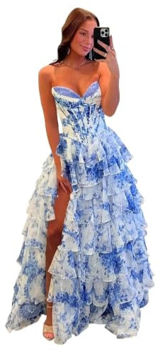 Misshow Robe de Bal Femme Longue à Fleurs Bustier Col cœur en Mousseline de Soie avec Lacet Fente