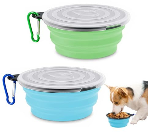 MKEAWWU Ciotola Portatile Per Cani Pieghevole Silicone, 2 Pezzi Da Viaggio Con Moschettone, 350 Ml, Azzurro E Verde
