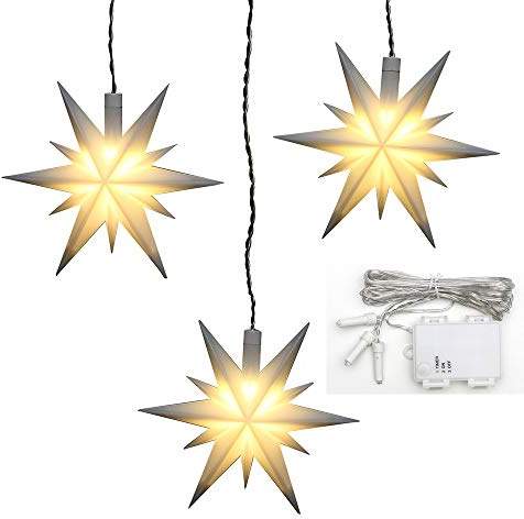 ***3er Set Weihnachtssterne aus Kunststoff in weiß, inkl. LED Beleuchtung und 6h Timer, für Batteriebetrieb, für Innen und Außen geeignet. Maße je Stern L/B/H: 13,5 x 5,5 x 12 cm.
