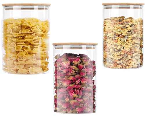 Old Tjikko 450ml Glass Jars with Lid Set of 3, Clear Glass Food Storage Containers with Bamboo Lids, Kitchen Airtight Food Storage Container for Food, Tea, Cereal, Sugar, Spice, Coffee Beans