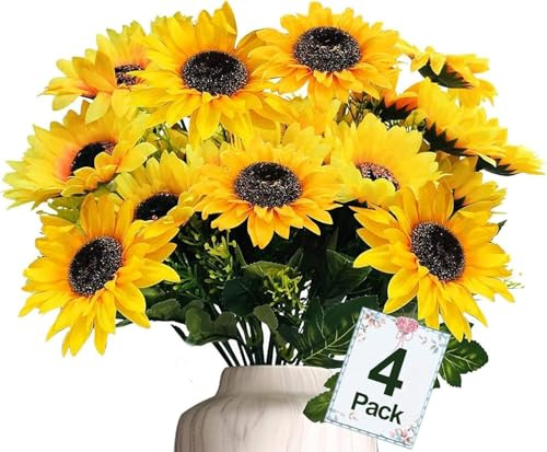 TURNMEON 28Pcs Sunflowers Artificial Flowers for Outdoors Summer Decor, 4 Pack Fake Flowers Silk Faux Sunflower Bouquet Arrangement for Vase Wedding Table Indoor Home Grave Flowers Cemetery Decor