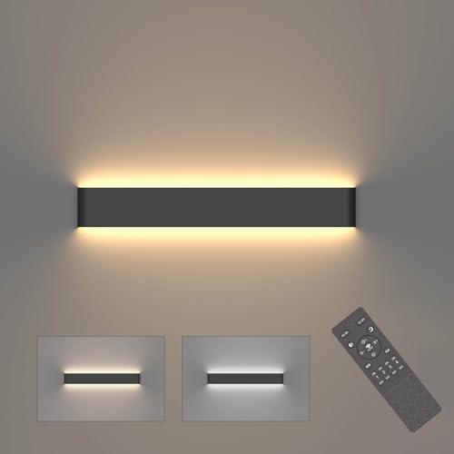 Klighten Applique Murale Dimmable Interieur avec Télécommande, Lampe Murale LED Mordern, Pour Chambre, Salon, Salle de Bain, 61cm, 800-2000 Lumen, 3000K-6000K, 20W, Noir
