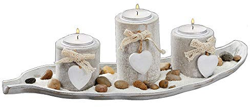 Cepewa - Maritimes Teelichthalter Set in antikweiß auf einem Blatt mit einem Tablett in Kerzenoptik, mit Sand und Herz - Deko für Teelichter, Strand