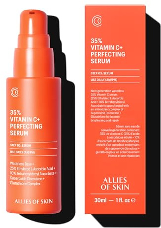 Allies of Skin 35% Vitamin C+ Perfecting Serum: Tetrahexyldecyl Ascorbate + Ethylated L-Ascorbic Acid, Glutathione, Superoxide Dismutase. Waterless, Antioxidant. Brightens & Plumps 1 oz / 30 ml