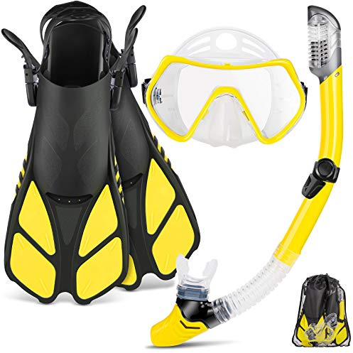 ZEEPORTE Maskenflosse Schnorchelset mit Schnorchelausrüstung für Erwachsene, Panoramablick Tauchmaske, Trek Fin, Dry Top Schnorchel + Reisetaschen, Schnorchel für Rundenschwimmen