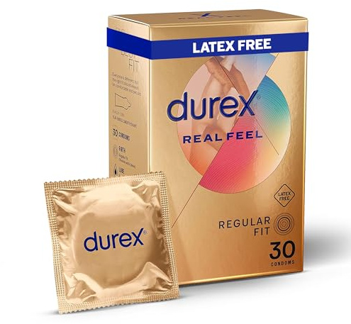 Durex Real Feel, 30 Condoms, Regular Fit, Latex Free Condoms, Extra Silicone Lube, Easy On Shape, Teat Ended
