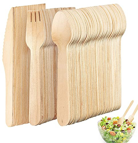 Ockyunoo 3 Sets 300 Stück Bio Party Besteck, Holzbesteck Einweg, Umweltfreundlich für Picknicks, Grillabende, Partys