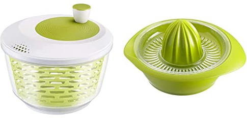 Westmark Salatschleuder, Fassungsvermögen: 4,4 Liter, ø 23,5 cm, Transparent/Weiß/Grün, 2430226A & Zitronen-/Zitruspresse mit Behälter, 18,7 cm, 0,5 Liter, Kunststoff, Limetta, Apfelgrün, 3091227A
