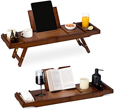 Navaris Bed and Bath Tray - Wooden Rack with Folding Legs - Bamboo Bathtub Caddy Bridge Shelf with Book or Tablet Stand - Brown