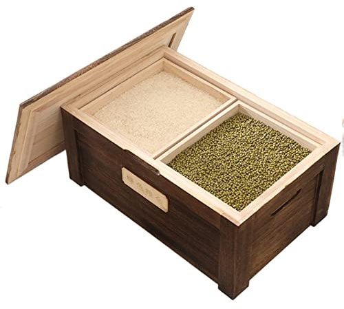 Boite Rangement Cuisine En bois Récipient à riz avec 2 compartiments/couvercles - Petit distributeur de céréales empilable de 5 kg, haricots/noix/stockage de céréales alimentaires