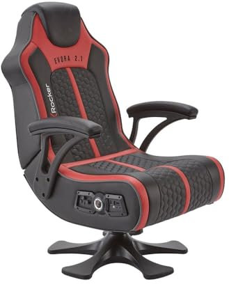 X-Rocker Evora Gaming Chair with Speakers, Console Gaming Seat with Bluetooth Wireless Speakers, Subwoofer and Vibration, Faux LeatherFolding Pedestal for Mobile, Switch, PS5, XBOX - BLACK