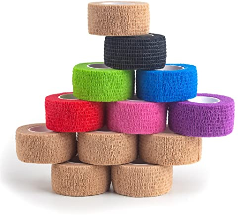 YAXEON Self Adhesive Bandage Wrap| 12 Rolls 1 x 5 Yards Vet Tape, Medical Tape,Athletic Tape,Elastic Cohesive Bandage for Sports Injury,Stretch Athletic,Ankle,(Mix Color)