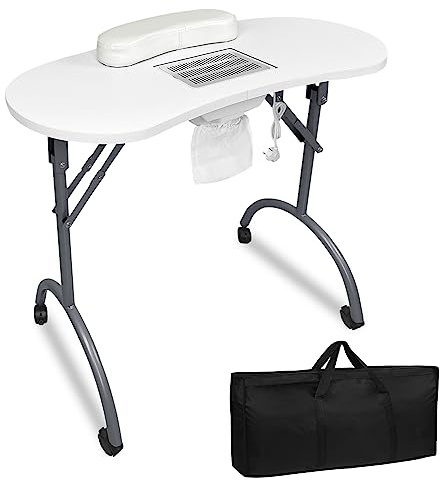 UISEBRT Table de manucure pliable avec aspiration - Table de manucure portable avec roulettes - Table de manucure mobile - Blanc
