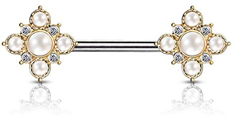 beyoutifulthings Brustwarzen-piercing Gold Vintage Pavé Blumen Perlen Weiß Brust-piercing Nippel-piercing Chirurgenstahl Stab 14-mm