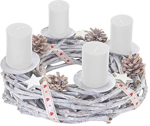 Mendler Adventskranz-AM rund - mit Kerzen, weiß | Weihnachtsdeko, Tischkranz, Holz, Ø 30cm, weiß-grau
