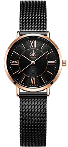 Alienwork Armbanduhr Damen Roségold Metall Mesh Armband Edelstahl Schwarz Ultra-flach Elegant