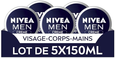 NIVEA MEN Crème hydratante 3-en-1 (lot de 5 x 150 ml), Crème visage, corps et mains nourrissante pour homme, Soin hydratant enrichi en Vitamine E et Glycérine
