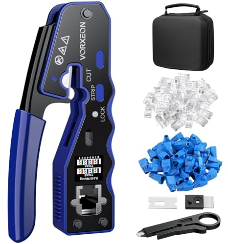 VORXEON Pinza Crimpatrice RJ45 di Rete Ethernet, Crimpatrice rj45 Strumento per Cavo Rete CAT5/CAT5E/CAT6/CAT6A, 50PCS Connettori RJ45 Passanti di Rete 8P, 50PCS Coperture Protettive, Mini Spelafili