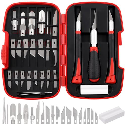 Sweet Juego de cuchillos para manualidades, cortador de precisión rojo, incluye cuchillas #1#2#4#7#10#11#12#17#19#20, cuchillas de gancho/puntiagudo, gubia U/V, mango y aguja