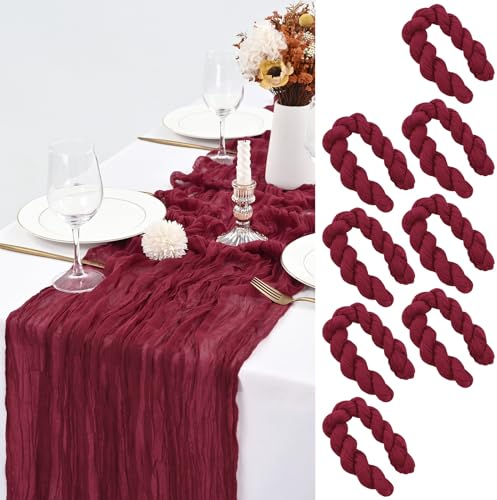 Lot de 8 90x300cm Chemin de Table Bordeaux, Tissu de Gaze Rustique pour Réception de Mariage Sheer Bridal Candlelight Dinner Gaze Chemin de Table en étamine Douche Nuptiale Table Décoration