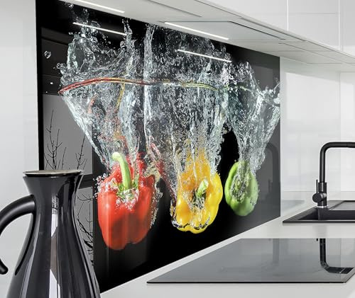 timalo Spritzschutz Wand für Herd, Küche Küchenrückwand Glasoptik | Acryl Glas 2mm | Glasrückwand Acrylglas Wandpaneele Rückwandschutz Platte | 60x40cm Bunte Paprika im Wasser