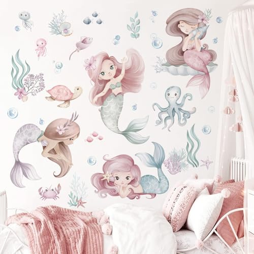 wondever Wandtattoo Meerjungfrau Mädchen Wandsticker Unter dem Meer Fisch | Abziehen und Aufkleben, Abziehbar, Wandaufkleber Selbstklebend für Kinderzimmer Mädchen Babyzimmer Mädchenzimmer Wanddeko