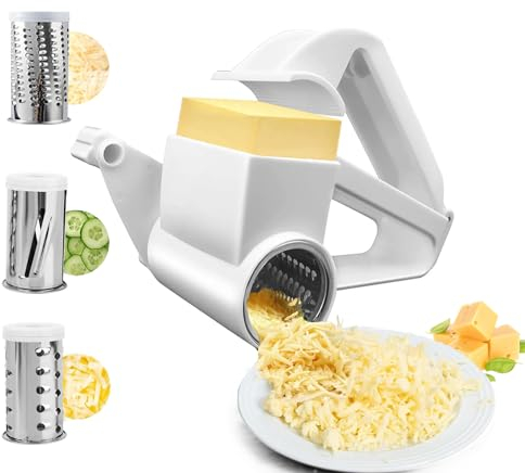 Manual Rotary Cheese Grater with 3 Interchangeable Stainless Steel Drums, Hand-Cranked Food Grater for Cheese, Vegetables, Chocolate, Nuts – Easy Clean & Safe Kitchen Tool