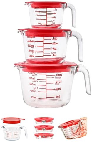 Home & Treat 6 Pcs Glass Measuring 3 Cups with 3 Lids | Capacity & Scale 1-Cup/250ml 2-Cup/500ml, 4-Cup/1000ml | Transparent Measuring Jugs