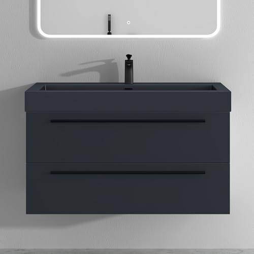 Mai & Mai Badmöbel-Set Waschbeckenunterschrank 100x48x60cm Anthrazit Matt | Waschtisch mit Unterschrank inkl. Mineralguss-Waschbecken in matt Anthrazit, Quadratto