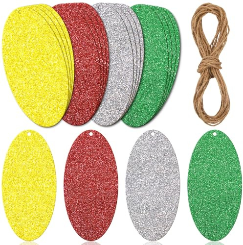 Zonon 32 Stück Glitzer Weihnachten Geschenkanhänger Preisschild mit Schnur Mehrfarbige Weihnachten Anhängeschilder für Basteln Anhänger(Gold, Silber, Rot, Grün,Oval)