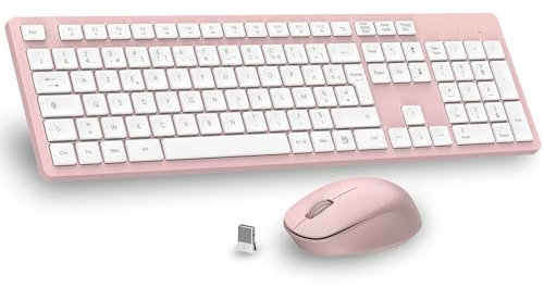 LeadsaiL Ensemble Clavier et Souris sans Fil, Ultra Mince and Silencieux Clavier AZERTY Français Pleine Taille 2.4G avec Récepteur USB pour PC, Ordinateur Portable, Windows, Mac -Rose