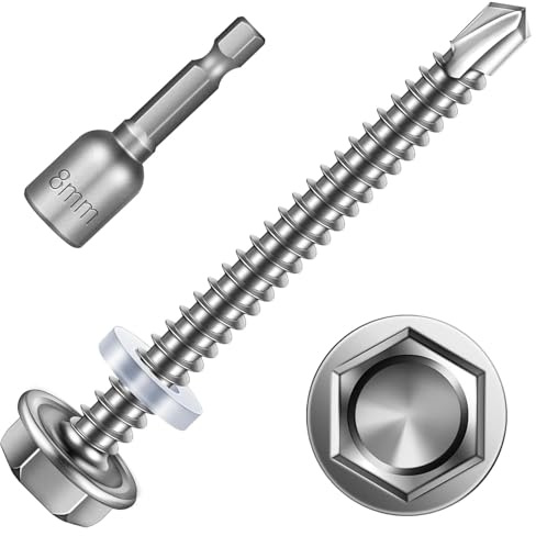 Dayalo 25 Stück Bohrschrauben 6,3 x 75 mm, Edelstahl 410, Sechskant | Blechschrauben mit Bohrspitze, Dichtscheibe und Steckschlüssel; silber, für Trapezblech, Dachbleche und Metallprofile