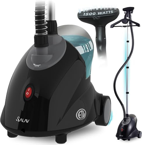 SALAV® GS18-DJ Standing Garment Steamer with Roll Wheels for Easy Movement, 1.8L Water Tank for 1 Hour Continuous Steaming, Adjustable Pole for Storage, Includes Descaler Packet, 1500 watts (Renewed)