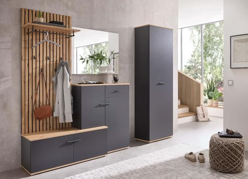 moebel-dich-auf Garderoben-Set Como anthrazit/Artisan Eiche Nb. Flurgarderobe Wandgarderobe Paneel + Schuhschrank + Spiegel optional mit Hochschrank (Garderobe + Hochschrank)