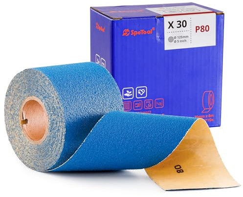 SpeTool Schleifpapier Rolle 70 mm x 8 m Keramik Schleifpapier 80 Körnung PSA Langbahn Schleifpapierrollen Aluminiumoxid-Selbstklebendes für Autos Handschleifblöcke Holz Metall Kunststoff