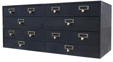 Desk Drawer Organizer | 12 Drawers Apothecary Cabinet | Apothecary Supplies Vintage Chests | Desktop Chest Drawer | Wooden Desk Drawer Organizer for Tea Collection, Stationery (Black)