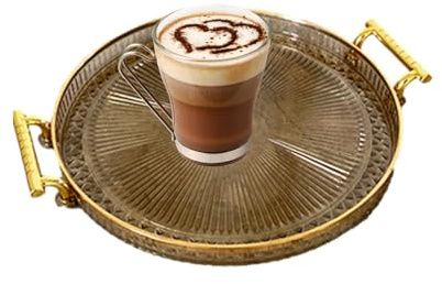 Vesto decorativo rotondo - Elegante vassoio di servizi, trasparente e design d'oro | Vesta a doppia maniglia per snack, caffè, pane, frutta, ideale per cucina, soggiorno e presentazioni chic