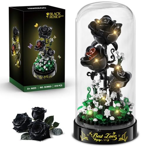 HiWEEGO Flower Bouquet Building Set with LED Lights - 310 PCS Black Rose Building Blocks Kit with Cover, Mini Bricks Flowers Botanical Collection Valentine's Day Gift for Girls Adult Women Home Decor | Black Rose Building Blocks Kit, Mini Bricks Flowers Botanical Collection Valentine's Day Gift for Adult Women Home Decor