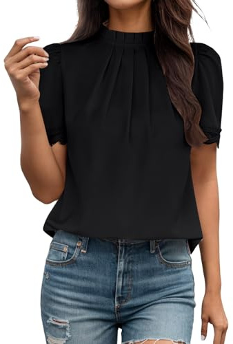 Generisch Damen Blusen Elegant Falten Stehkragen Chiffon Bluse Tops Kurzarm Puffärmel Damenblusen Spitzenbluse Festliche Oberteile Zur Hochzeit Mode Plissee Blusenshirt Streetwear Frauen