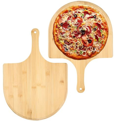 VAVPUP 2PCS Bamboo Pizza Peel Rack Food Tray & Cutting Board Angled Blade Hanging Hook Non-Slip Long Handle for Homemade Pizza and Bread 15.75 × 11.02 × 0.31 Inches