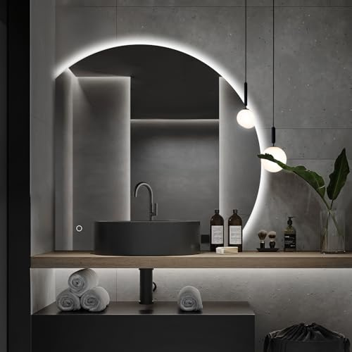 Niccy 32 LED Bathroom Mirror with Lights, Half Moon Led Mirrors, Irregular Backlit Mirrors for Entryway, Anti-Fog, Dimmable, Makeup Mirror, Explosion Proof, Round Lighted Vanity Mirrors, White Light