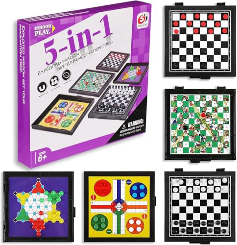 5 en 1 Juego Mesa Viaje Portátil Tablero de Ajedrez, Juegos de Lógica, Juguetes Educativos, Suministros Fiestas para Niños Adultos y Fiesta Familiar