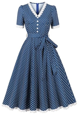 Wellwits Women's Lace Trim V Neck Polka Dots Midi Vintage Dress | Elegant,Non-stretchy Fabric